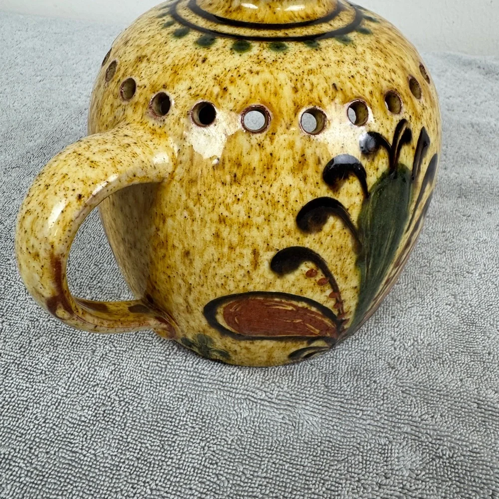 VTG Anton Lang Studios Red Clay Pottery Candle Holder w/ Handle Floral Germany